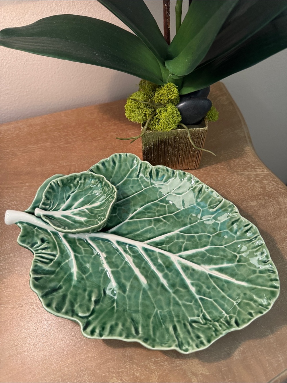 Glazed, Ceramic Cabbage Leaf Dip Dish by Bordallo Pinheiro.